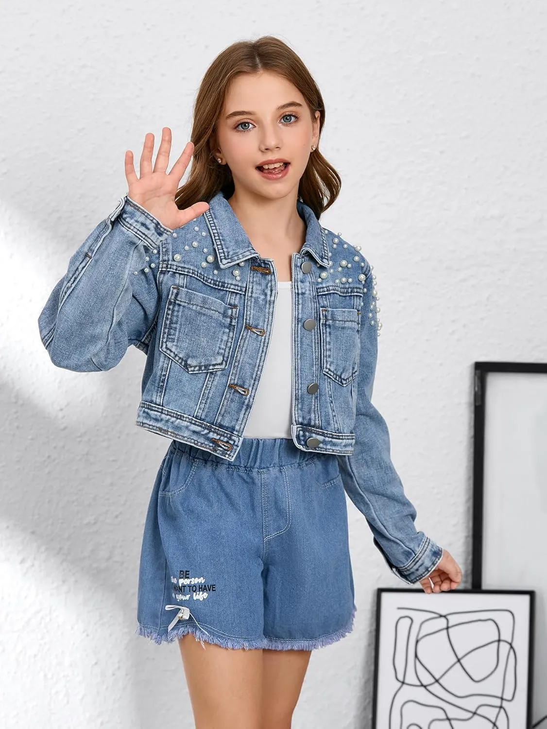 WDIRARA Girl's Beaded Denim Jacket Button Down Collared Long Sleeve Jeans Jackets Y2K Outerwear