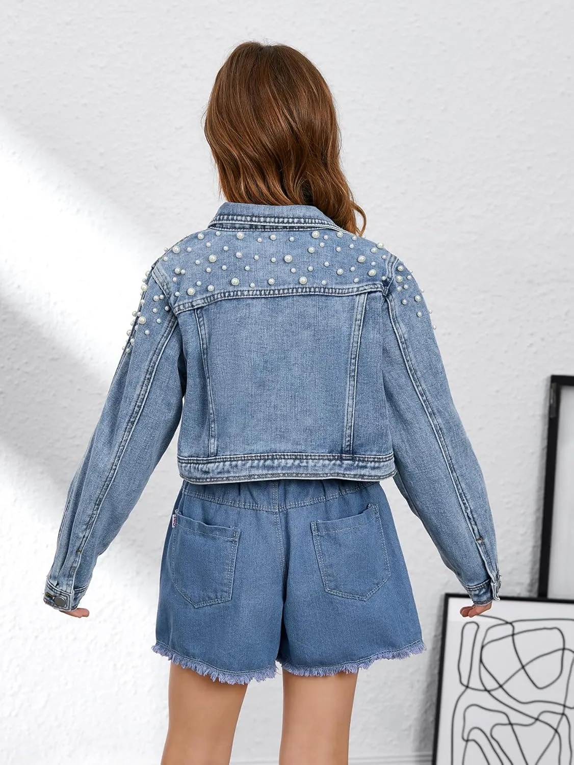 WDIRARA Girl's Beaded Denim Jacket Button Down Collared Long Sleeve Jeans Jackets Y2K Outerwear