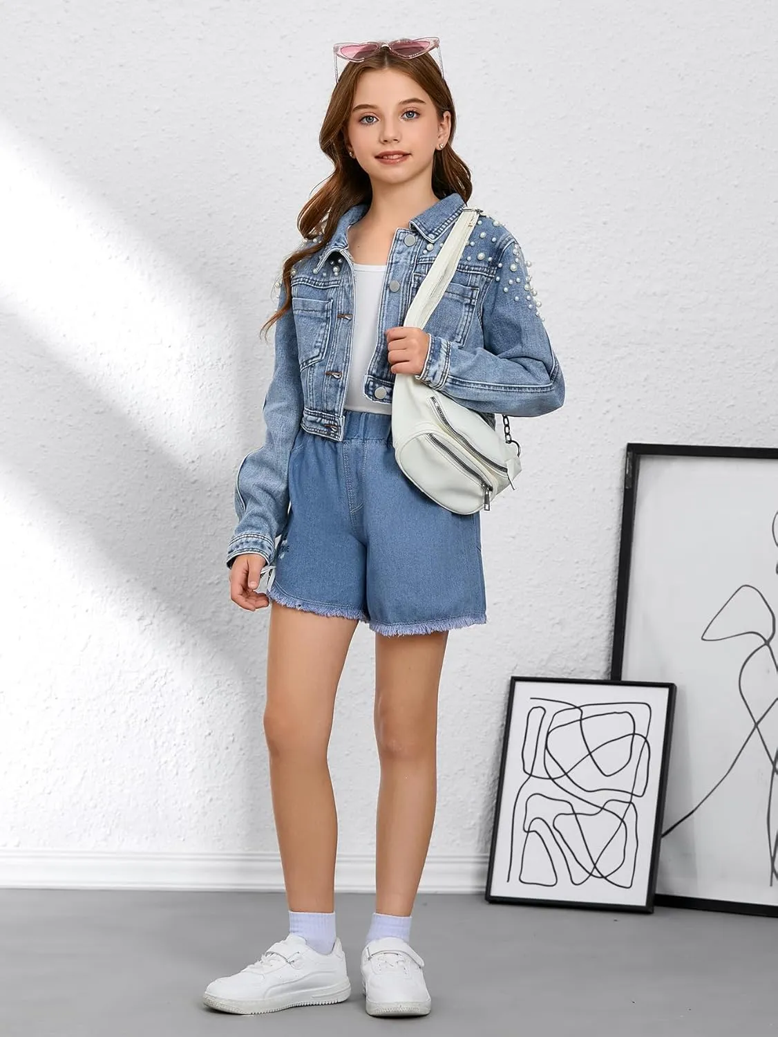 WDIRARA Girl's Beaded Denim Jacket Button Down Collared Long Sleeve Jeans Jackets Y2K Outerwear