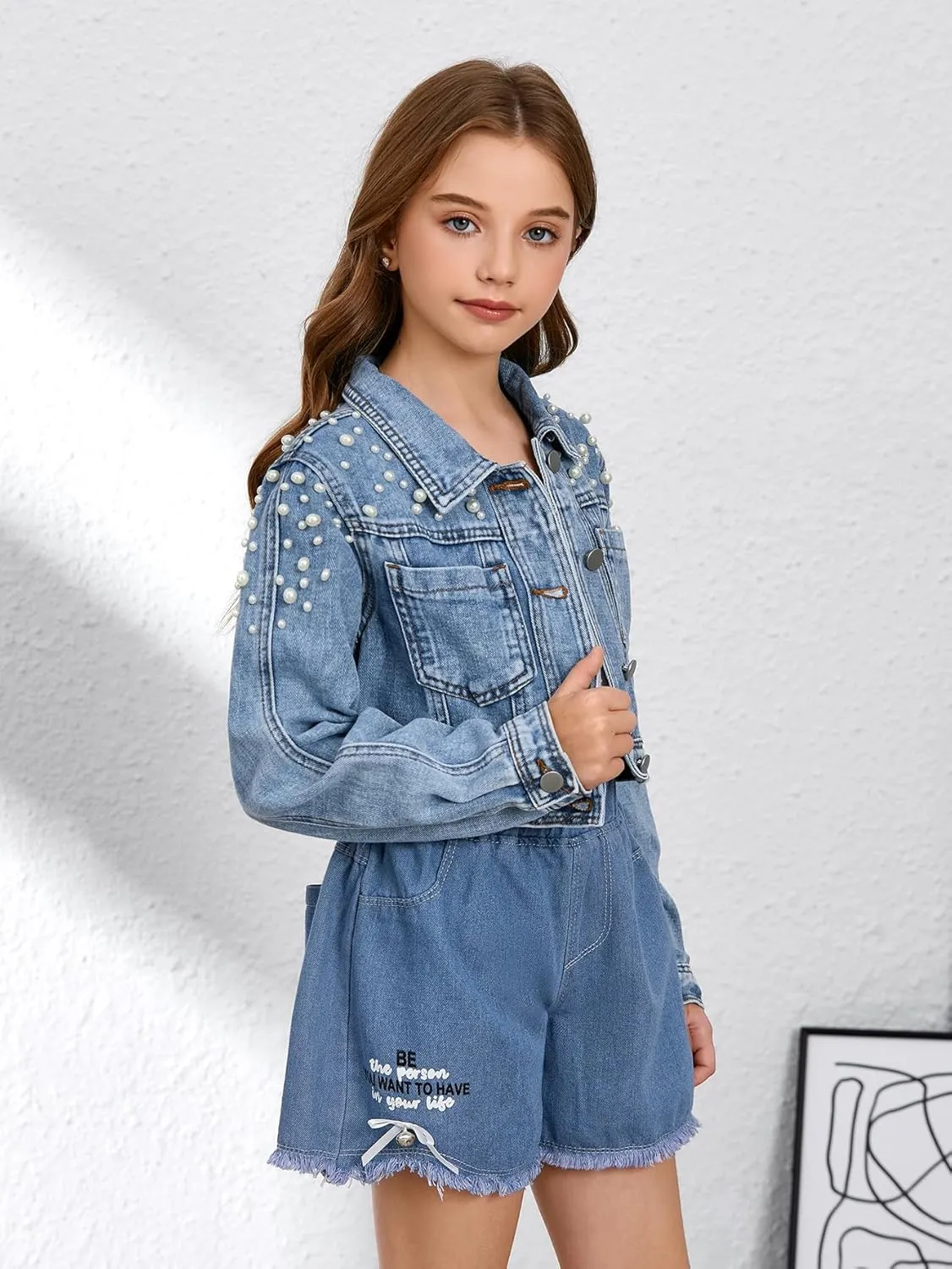 WDIRARA Girl's Beaded Denim Jacket Button Down Collared Long Sleeve Jeans Jackets Y2K Outerwear