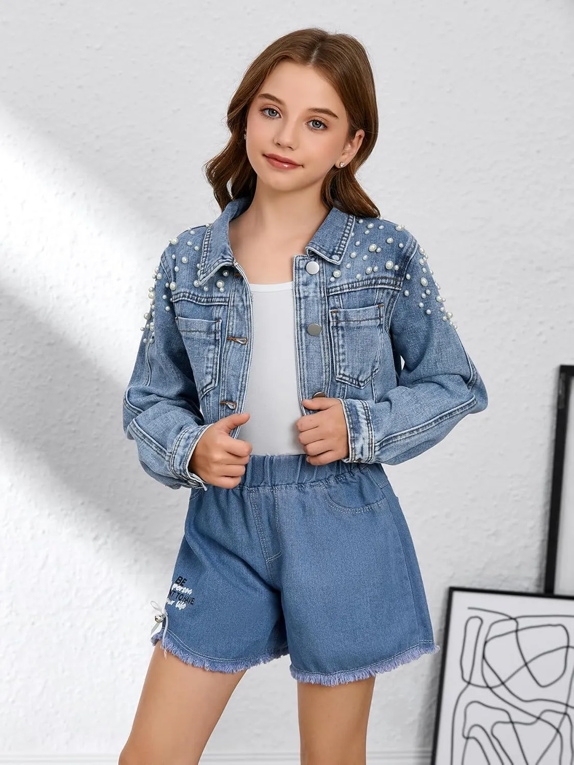 WDIRARA Girl's Beaded Denim Jacket Button Down Collared Long Sleeve Jeans Jackets Y2K Outerwear