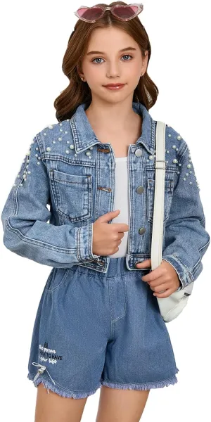 WDIRARA Girl's Beaded Denim Jacket Button Down Collared Long Sleeve Jeans Jackets Y2K Outerwear