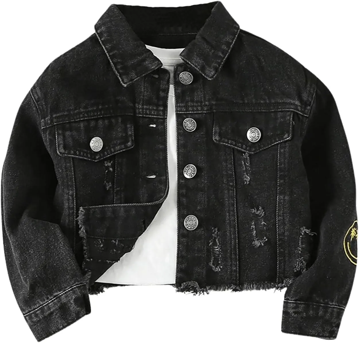 WDIRARA Girl's Letter Graphic Denim Jacket Raw Hem Long Sleeve Button Down Outerwear