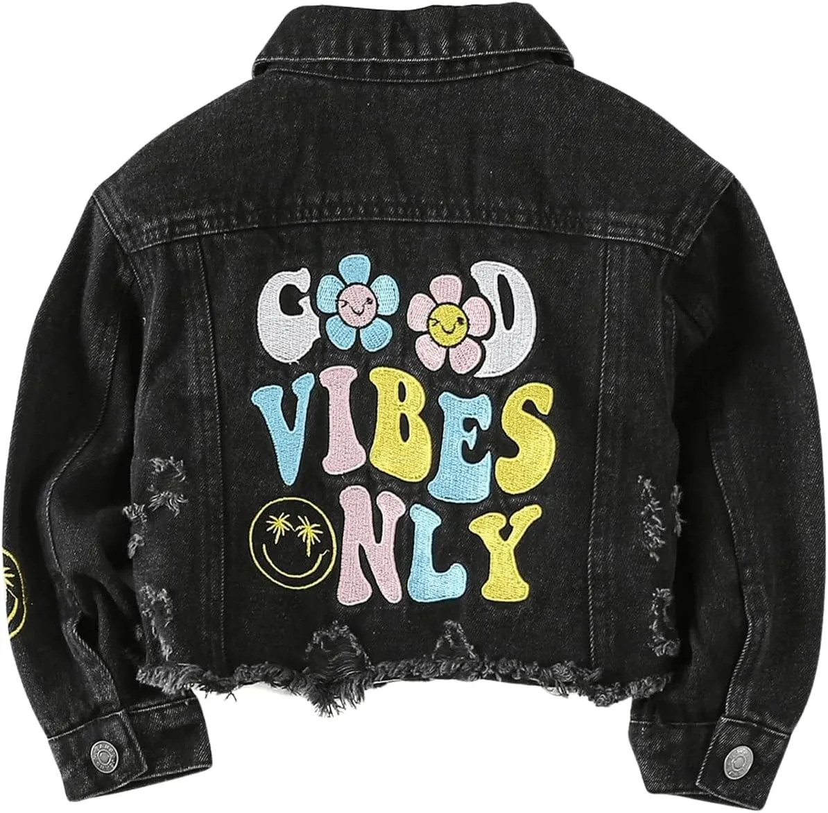 WDIRARA Girl's Letter Graphic Denim Jacket Raw Hem Long Sleeve Button Down Outerwear