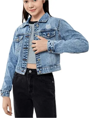 WDIRARA Girl's Ripped Flap Pocket Denim Jacket Button Front Distressed Long Sleeve Outerwear Coat