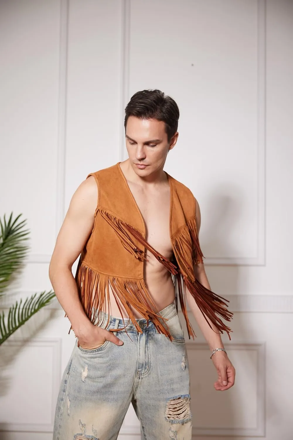 WDIRARA Men's Open Front Sleeveless Fringe Hem Party Club Jacket Vest Outerwear