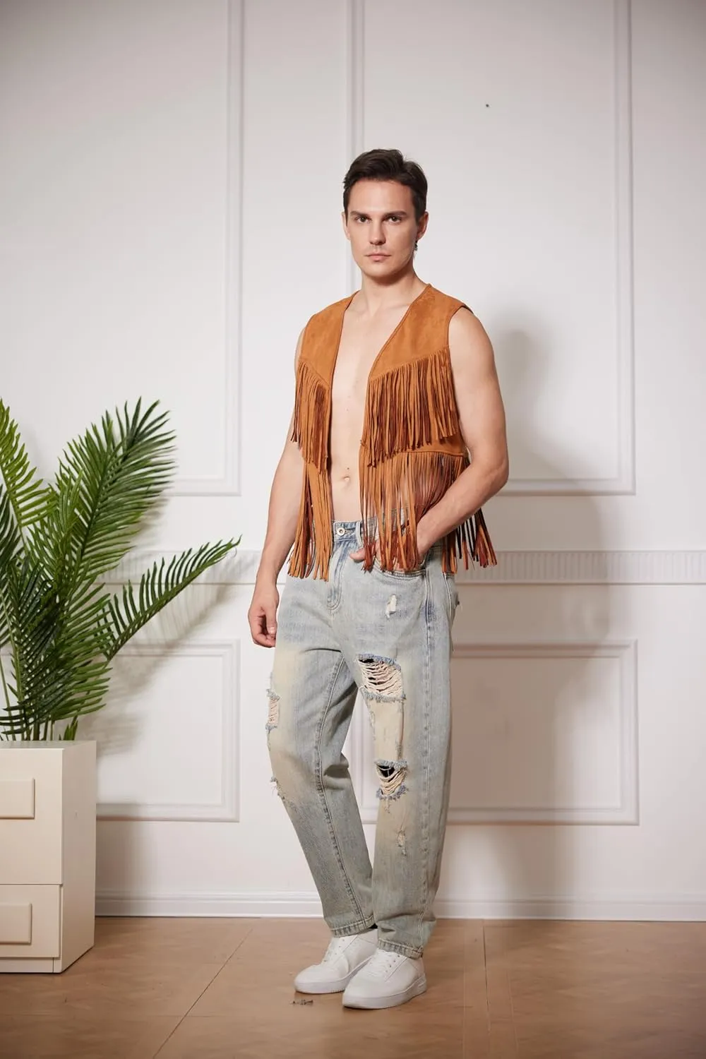 WDIRARA Men's Open Front Sleeveless Fringe Hem Party Club Jacket Vest Outerwear