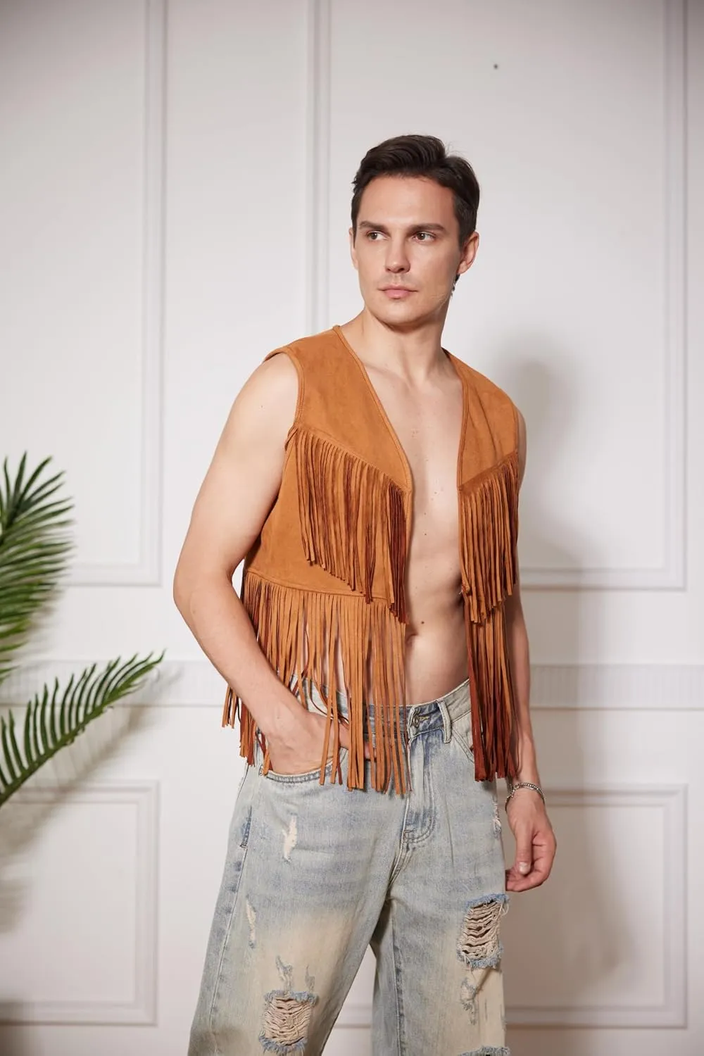 WDIRARA Men's Open Front Sleeveless Fringe Hem Party Club Jacket Vest Outerwear