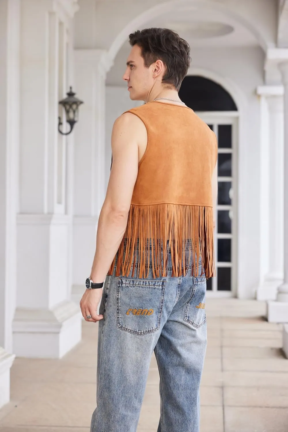 WDIRARA Men's Open Front Sleeveless Fringe Hem Party Club Jacket Vest Outerwear