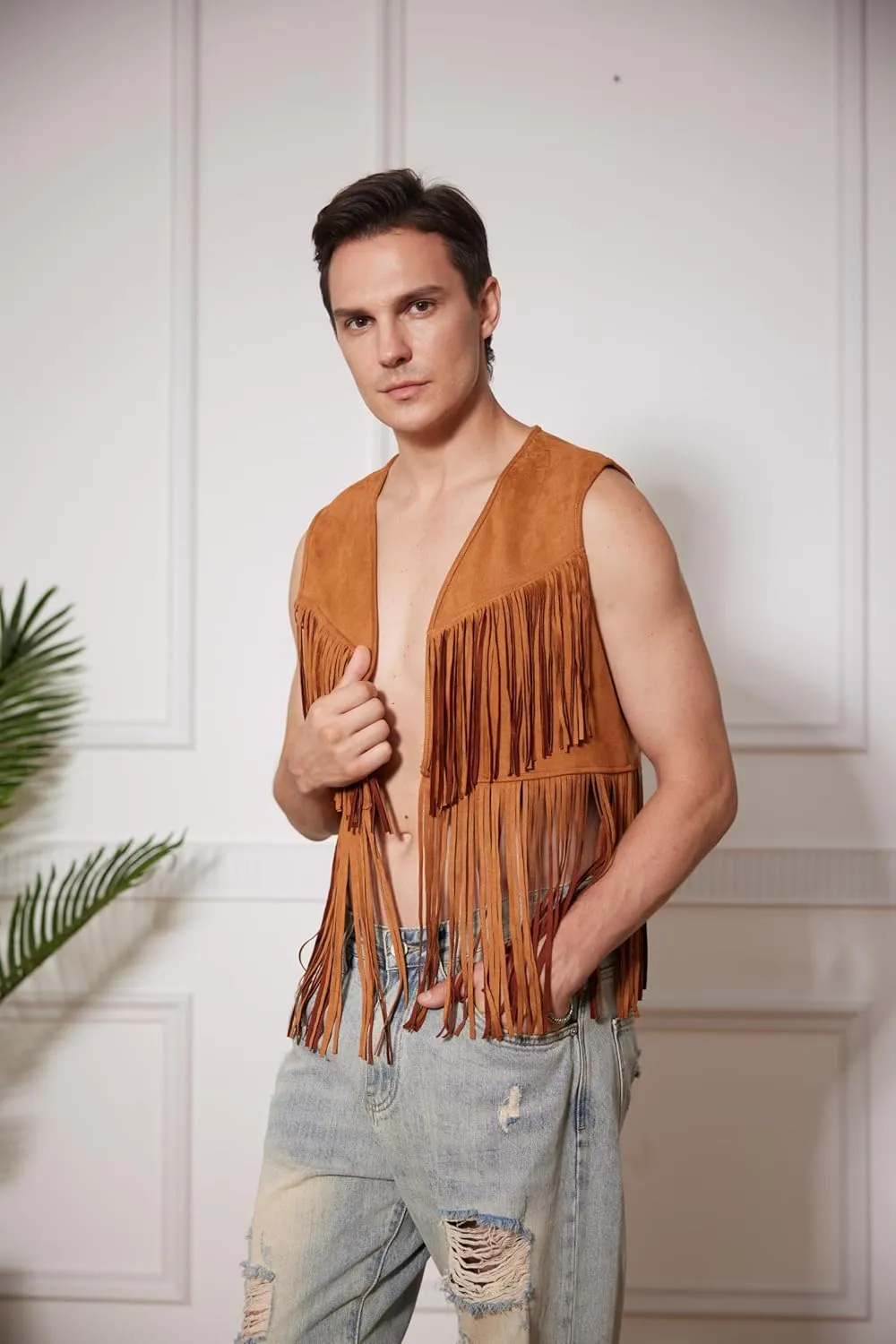 WDIRARA Men's Open Front Sleeveless Fringe Hem Party Club Jacket Vest Outerwear