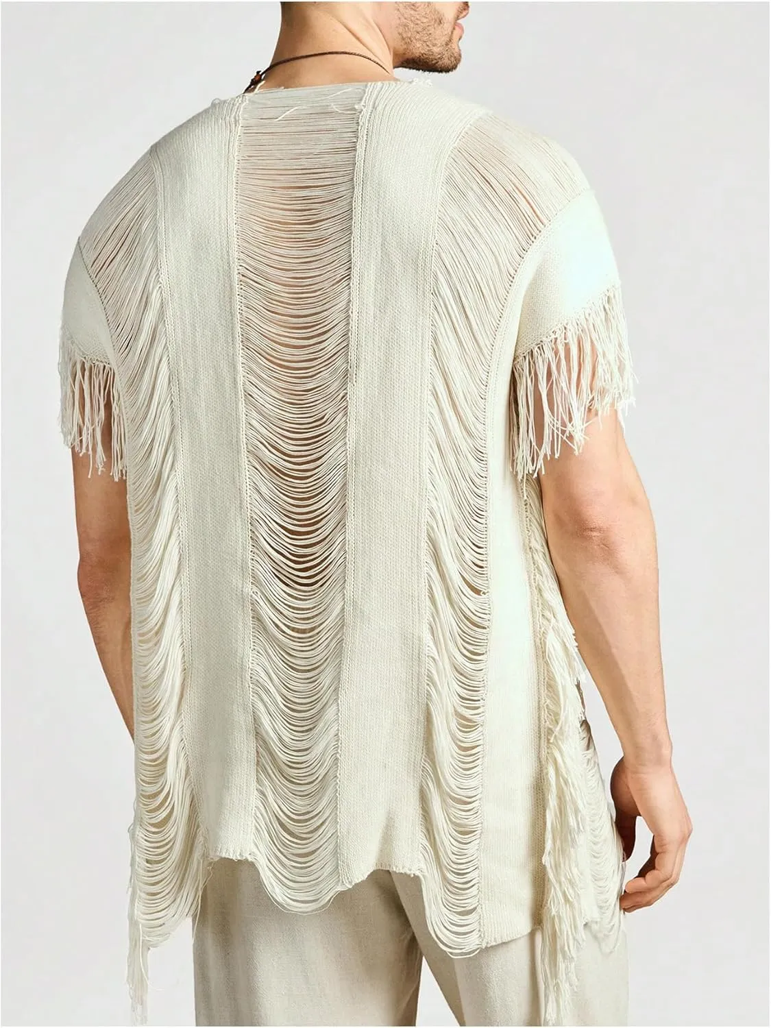 WDIRARA Men's Tassel Hem Hollow Out Vintage Cardigan Ripped V Neck Short Sleeve Casual Outerwear