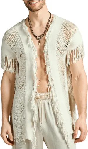 WDIRARA Men's Tassel Hem Hollow Out Vintage Cardigan Ripped V Neck Short Sleeve Casual Outerwear