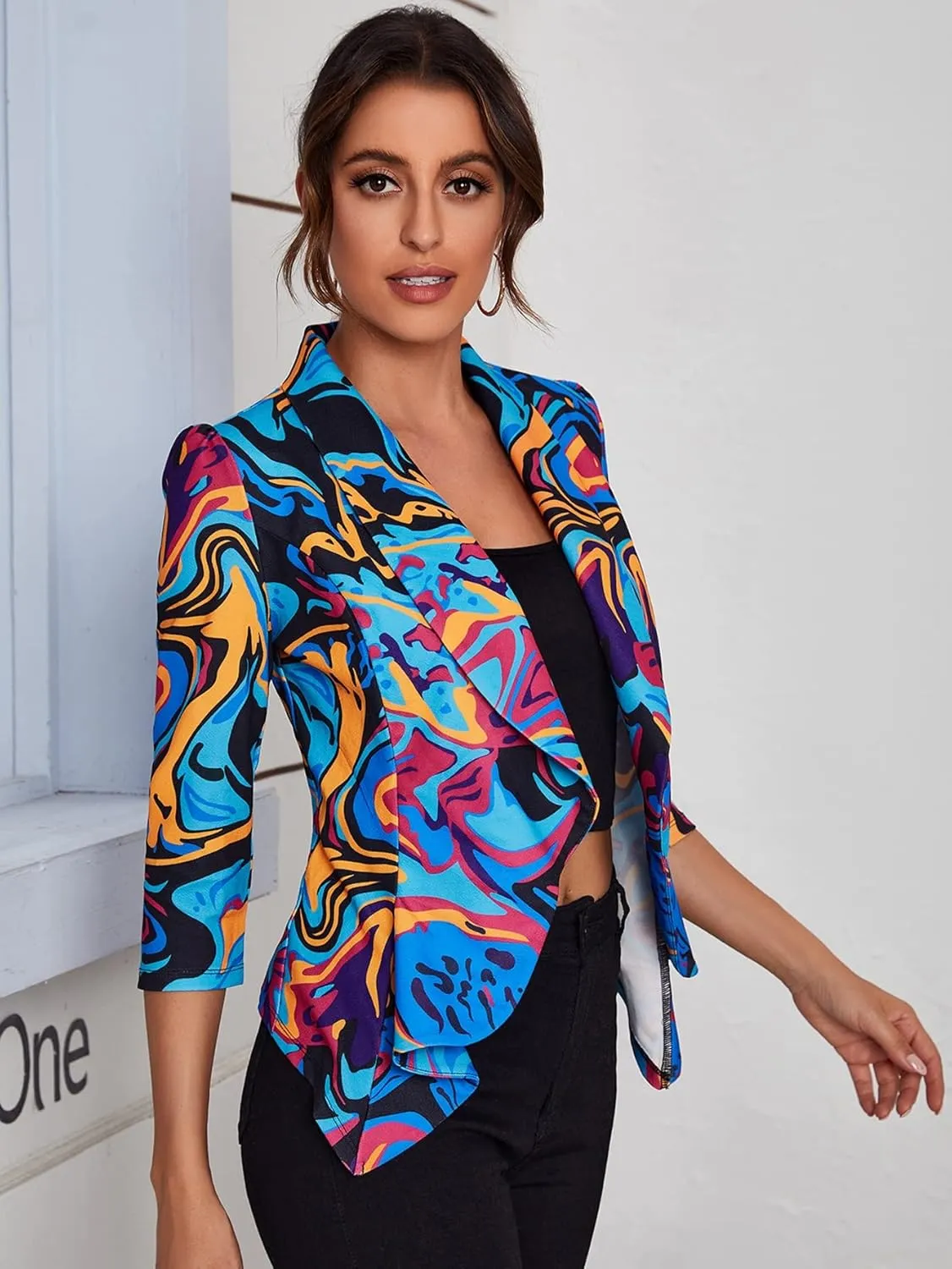 WDIRARA Women's Printed Open Front 3/4 Sleeve Blazer Ruffle Jacket Outerwear