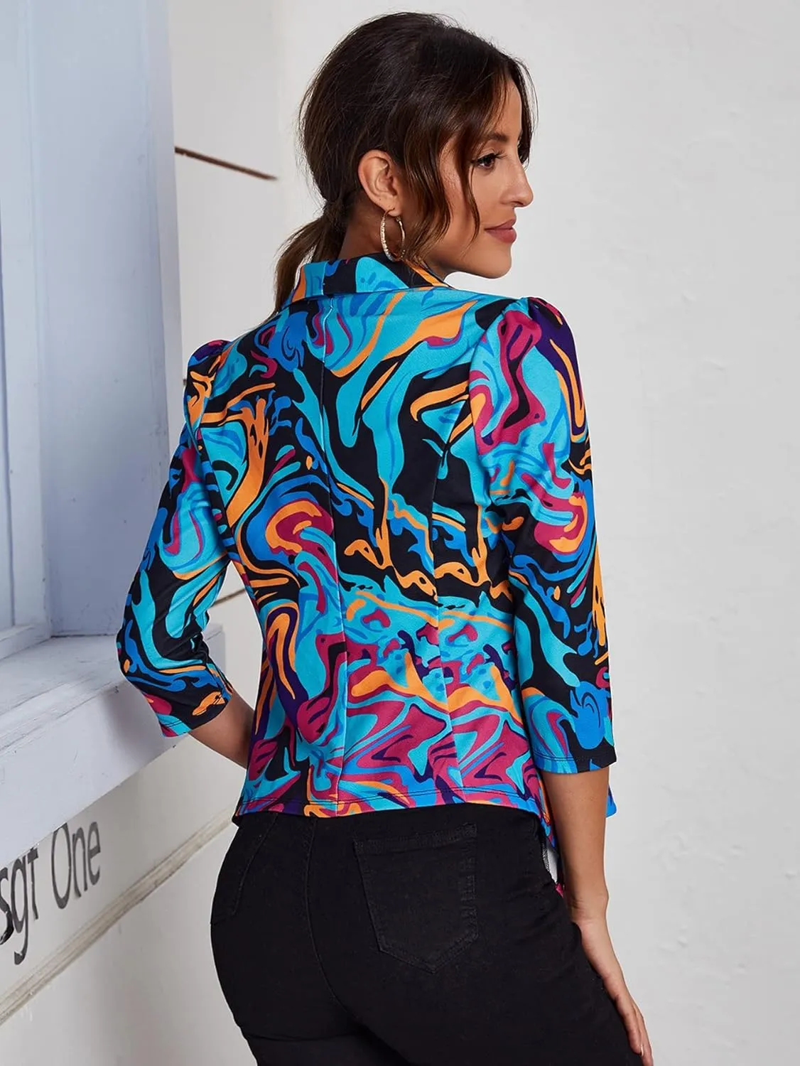 WDIRARA Women's Printed Open Front 3/4 Sleeve Blazer Ruffle Jacket Outerwear