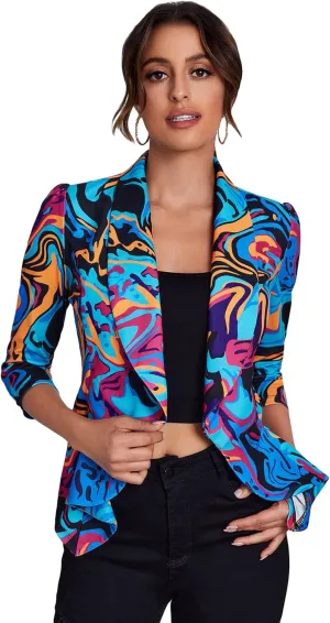 WDIRARA Women's Printed Open Front 3/4 Sleeve Blazer Ruffle Jacket Outerwear