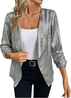 WDIRARA Women's Sequin Glitter Open Front Blazer Casual Long Sleeve Sparkl Jacket Outerwear