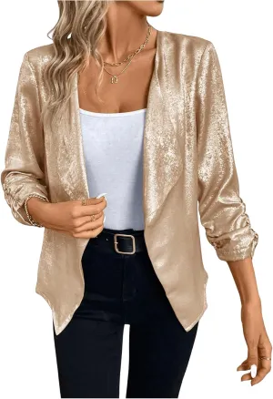 WDIRARA Women's Sequin Glitter Open Front Blazer Casual Long Sleeve Sparkl Jacket Outerwear