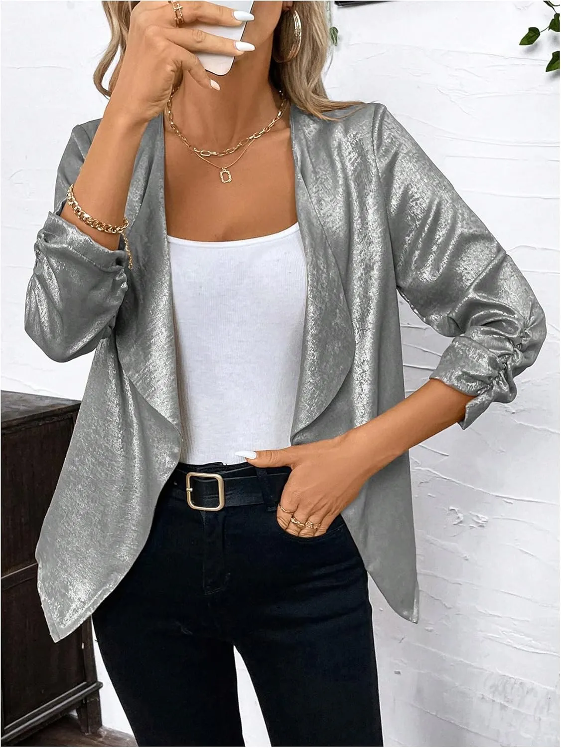 WDIRARA Women's Sequin Glitter Open Front Blazer Casual Long Sleeve Sparkl Jacket Outerwear