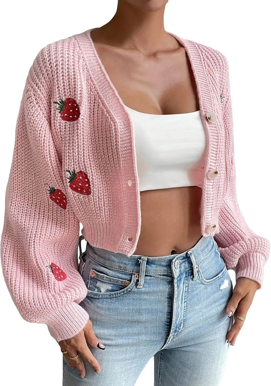 WDIRARA Women's Strawberry Embroidery Crop Cardigan Drop Shoulder Button Up Sweater Tops V Neck Outerwear