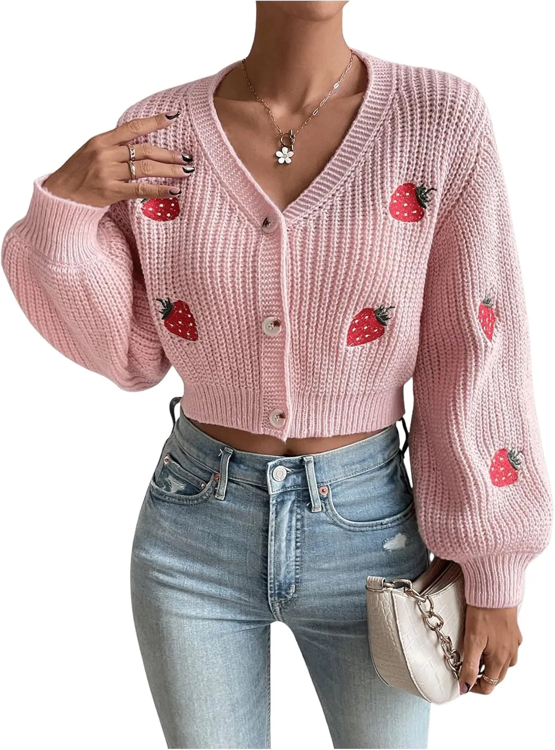 WDIRARA Women's Strawberry Embroidery Crop Cardigan Drop Shoulder Button Up Sweater Tops V Neck Outerwear