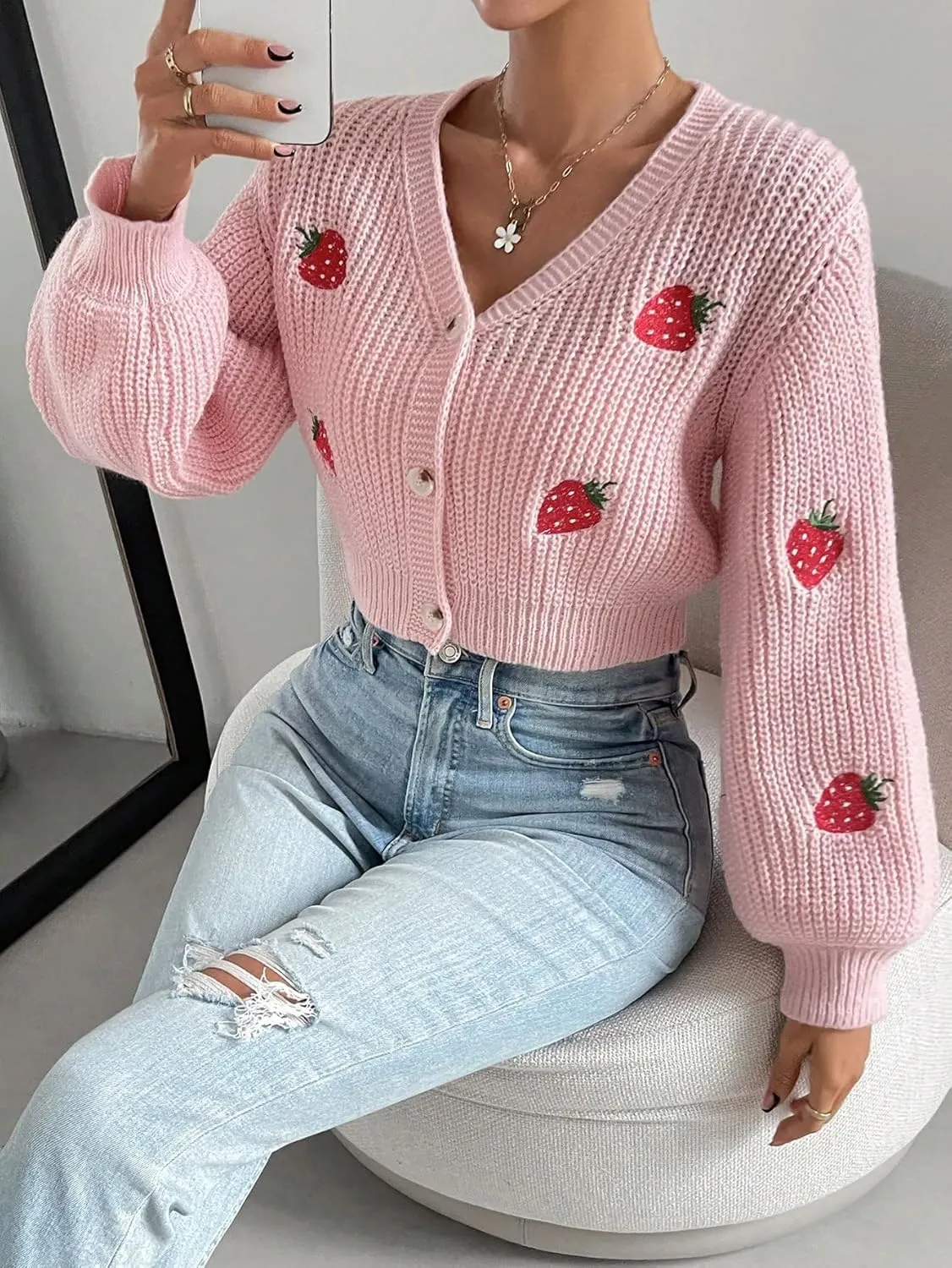 WDIRARA Women's Strawberry Embroidery Crop Cardigan Drop Shoulder Button Up Sweater Tops V Neck Outerwear