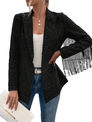 WDIRARA Women's Textured Fringe Trim Double Button Blazer Lapel Neck Work Office Coat Outerwear