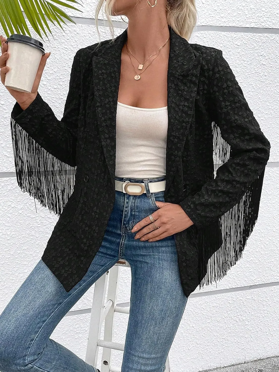WDIRARA Women's Textured Fringe Trim Double Button Blazer Lapel Neck Work Office Coat Outerwear