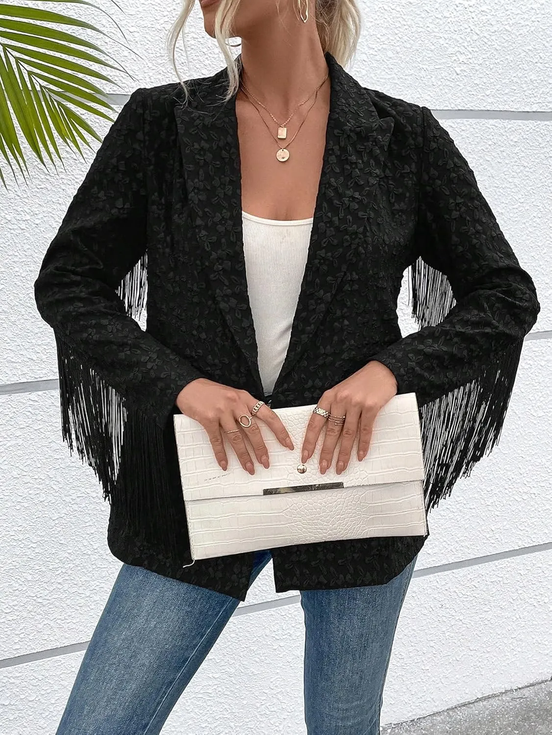 WDIRARA Women's Textured Fringe Trim Double Button Blazer Lapel Neck Work Office Coat Outerwear
