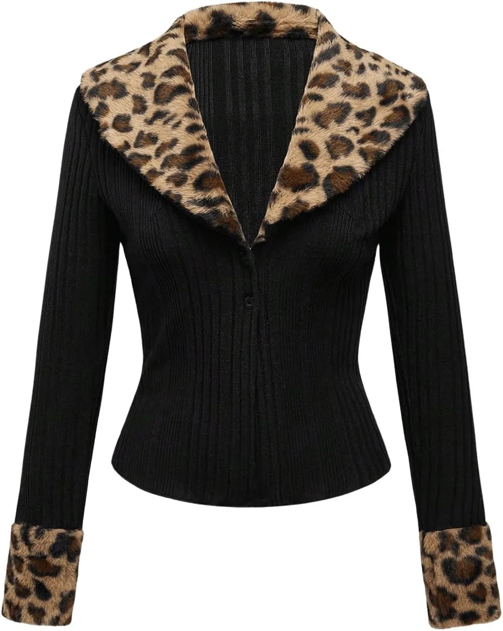 WDIRARA Women's Y2k Leopard Faux Fur Trim Coat Long Sleeve Button Down Knit Outerwear Clubwear