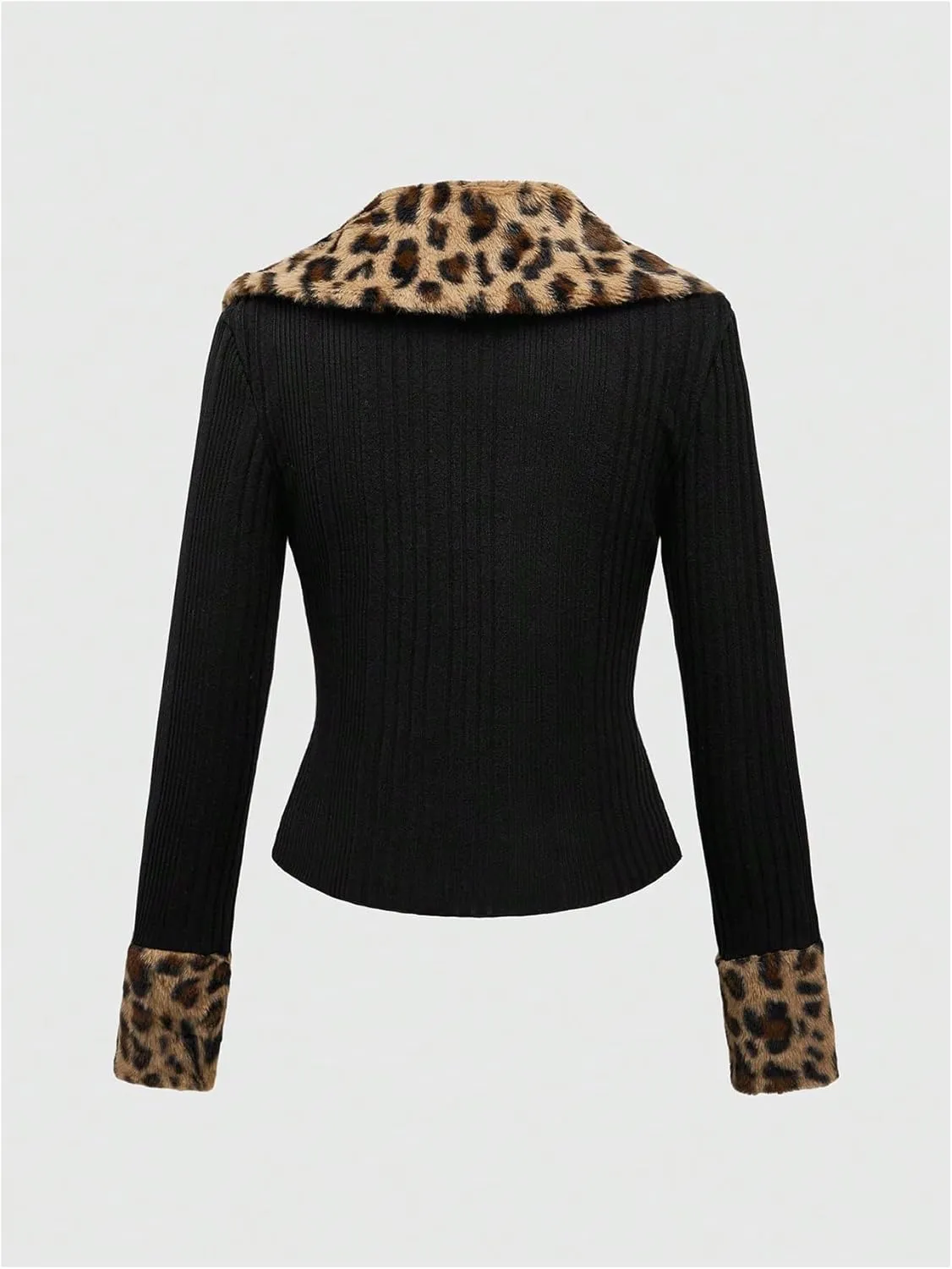 WDIRARA Women's Y2k Leopard Faux Fur Trim Coat Long Sleeve Button Down Knit Outerwear Clubwear