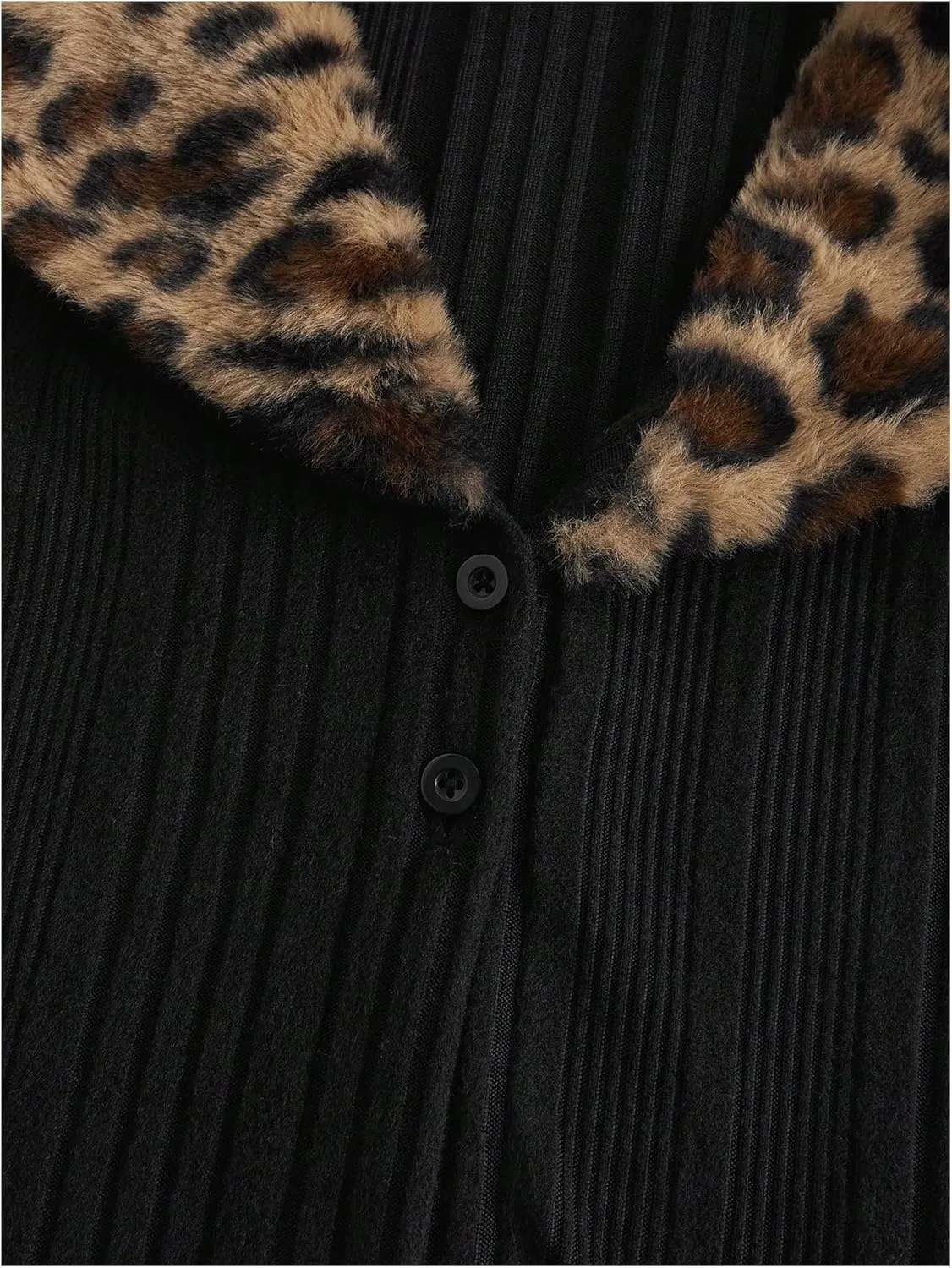 WDIRARA Women's Y2k Leopard Faux Fur Trim Coat Long Sleeve Button Down Knit Outerwear Clubwear