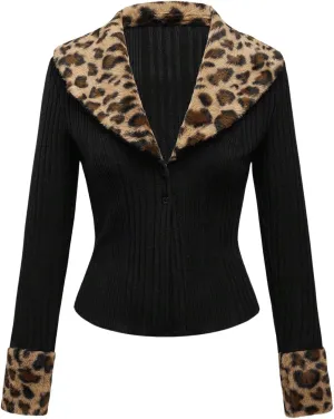 WDIRARA Women's Y2k Leopard Faux Fur Trim Coat Long Sleeve Button Down Knit Outerwear Clubwear