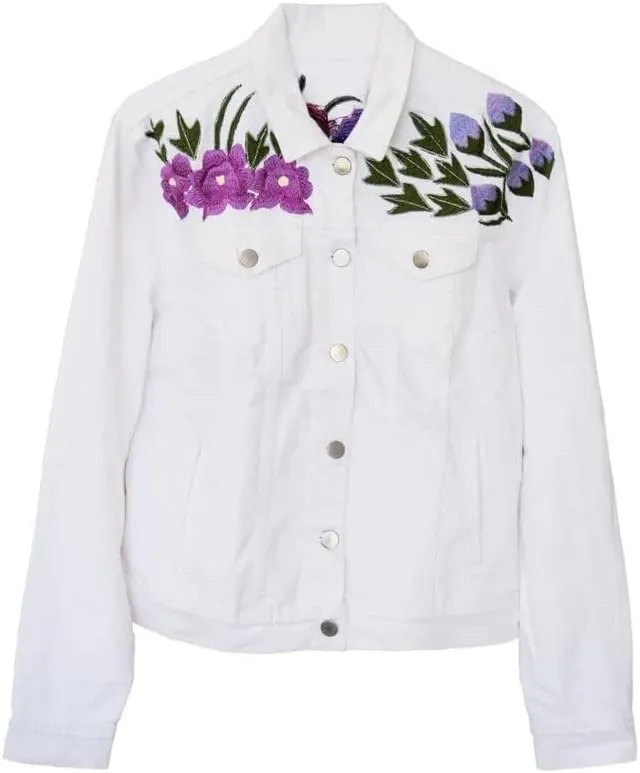 White Floral Embroidery Denim Jacket | Embroidery Vintage Jeans Jackets | Denim Jacket for Women