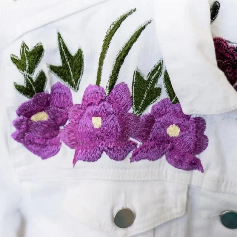 White Floral Embroidery Denim Jacket | Embroidery Vintage Jeans Jackets | Denim Jacket for Women
