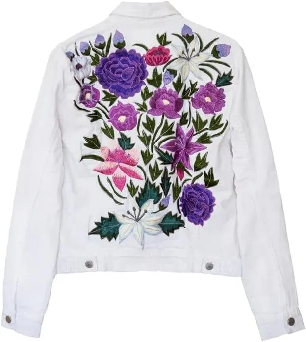 White Floral Embroidery Denim Jacket | Embroidery Vintage Jeans Jackets | Denim Jacket for Women
