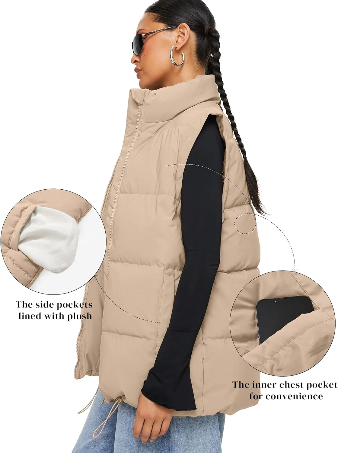 WHN Women's Oversized Puffer Vest Sleeveless Padded Jacket Coat Zip Up Winter Warm Outerwear