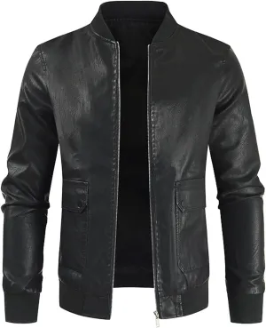 Windbreaker Men Autumn Solid Color Zip PU Leather Jacket Short Lapel Motorcycle Leather Jacket Coat Costume for Men