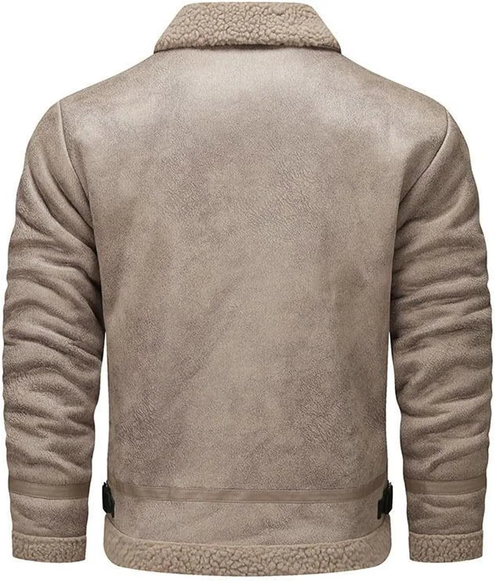 Winter Faux Leather Jackets For Men Vintage Classic Motorcycle Jackets Notch Collar Military Sherpa Lined Coats