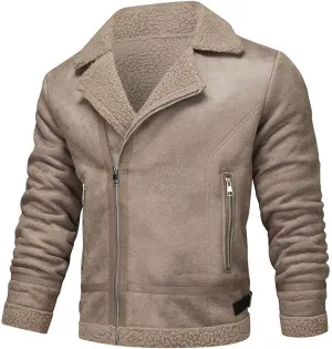 Winter Faux Leather Jackets For Men Vintage Classic Motorcycle Jackets Notch Collar Military Sherpa Lined Coats