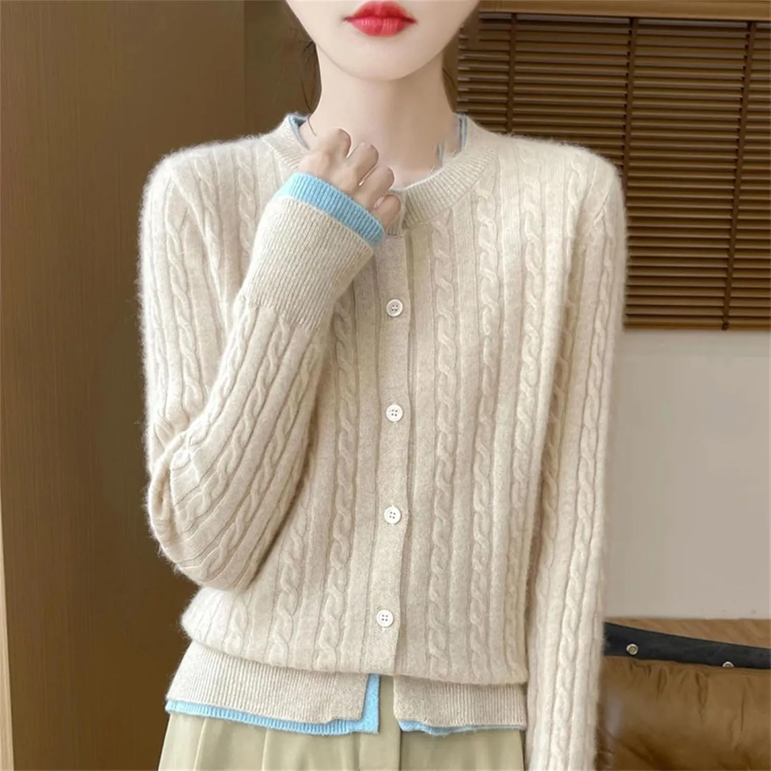 Women Cable Knit Wool Cardigan Sweaters Basic-Fit Long-Sleeve Crew-Neck Button Down Jumpers