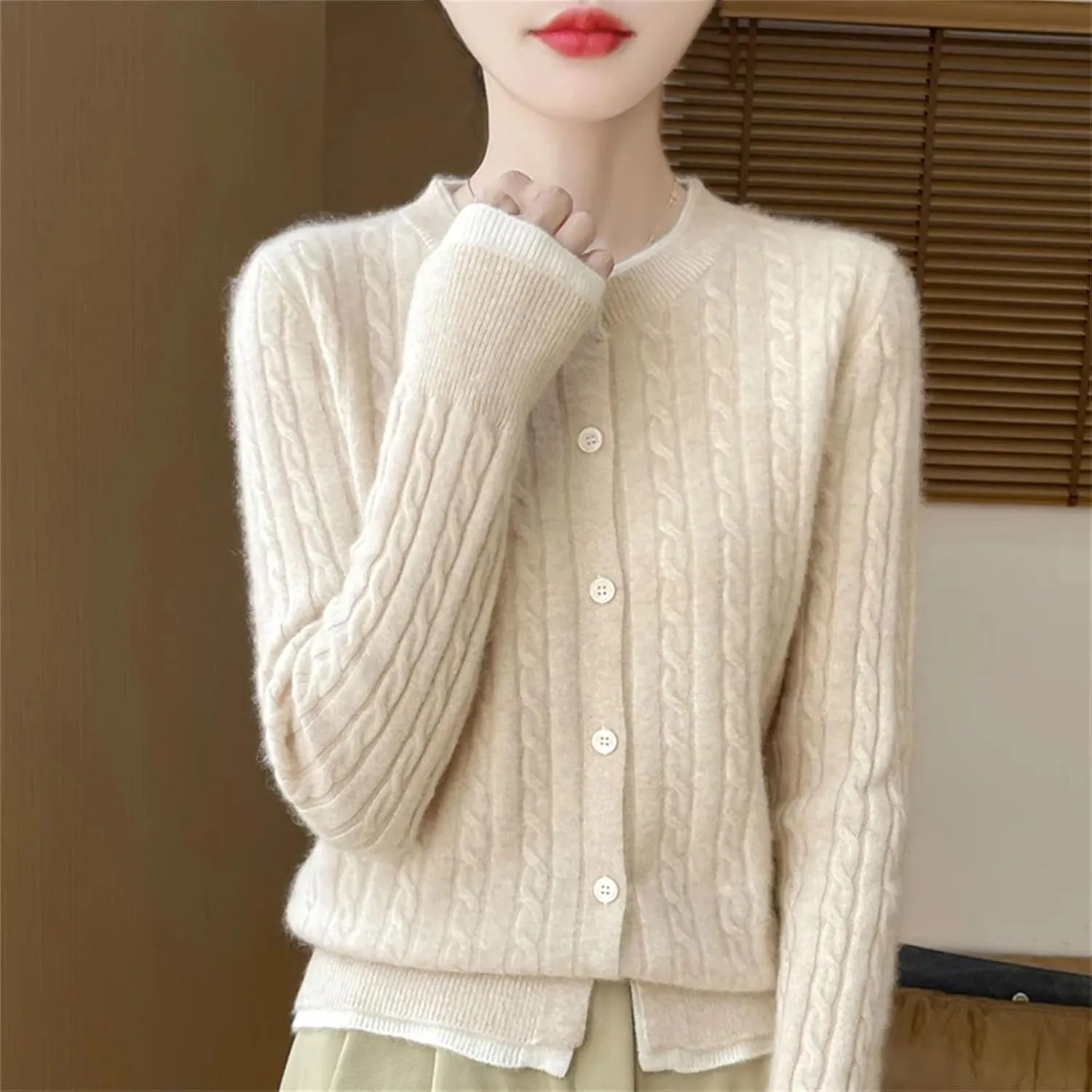 Women Cable Knit Wool Cardigan Sweaters Basic-Fit Long-Sleeve Crew-Neck Button Down Jumpers
