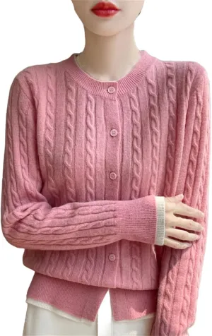 Women Cable Knit Wool Cardigan Sweaters Basic-Fit Long-Sleeve Crew-Neck Button Down Jumpers