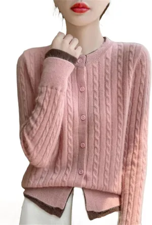 Women Cable Knit Wool Cardigan Sweaters Basic-Fit Long-Sleeve Crew-Neck Button Down Jumpers