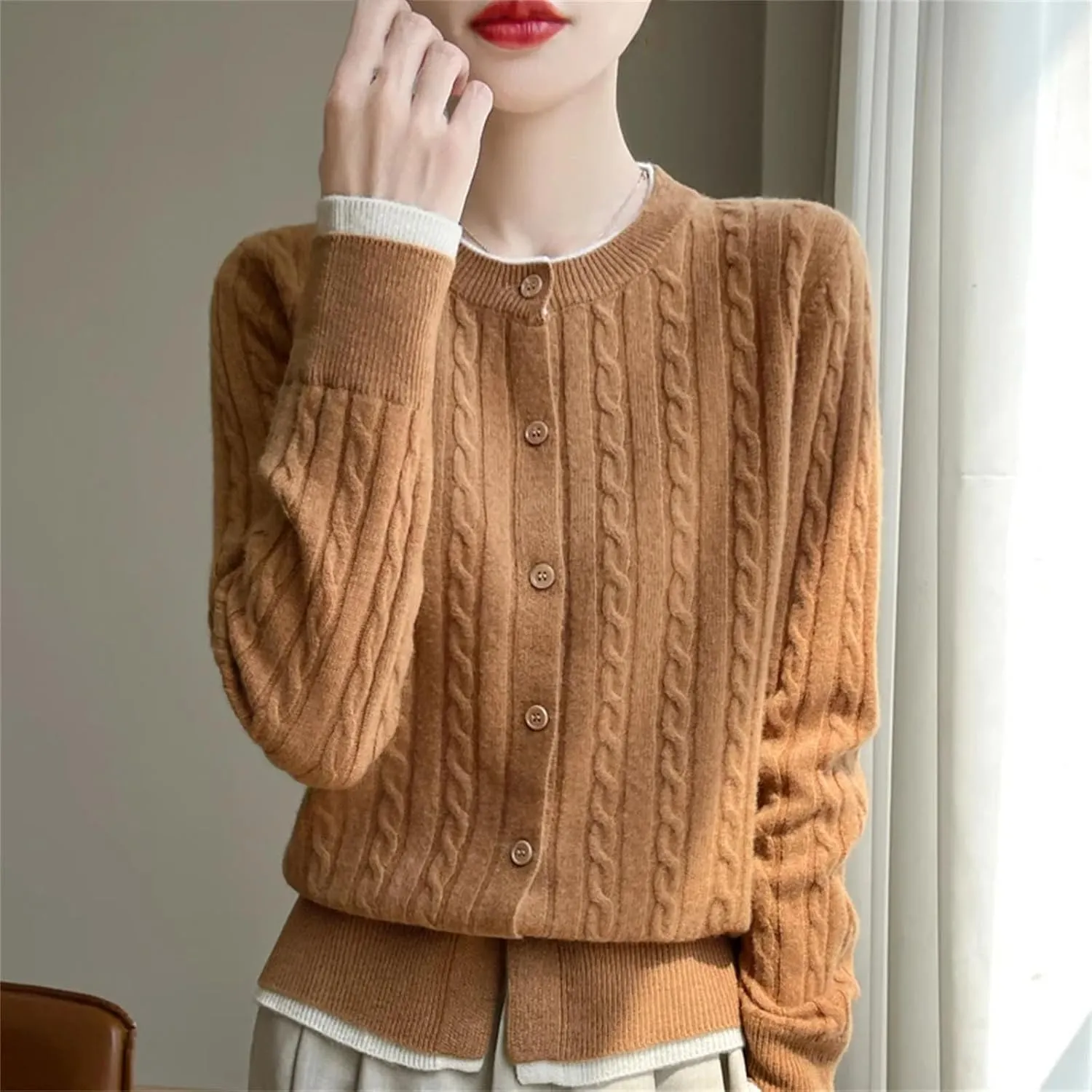 Women Cable Knit Wool Cardigan Sweaters Basic-Fit Long-Sleeve Crew-Neck Button Down Jumpers