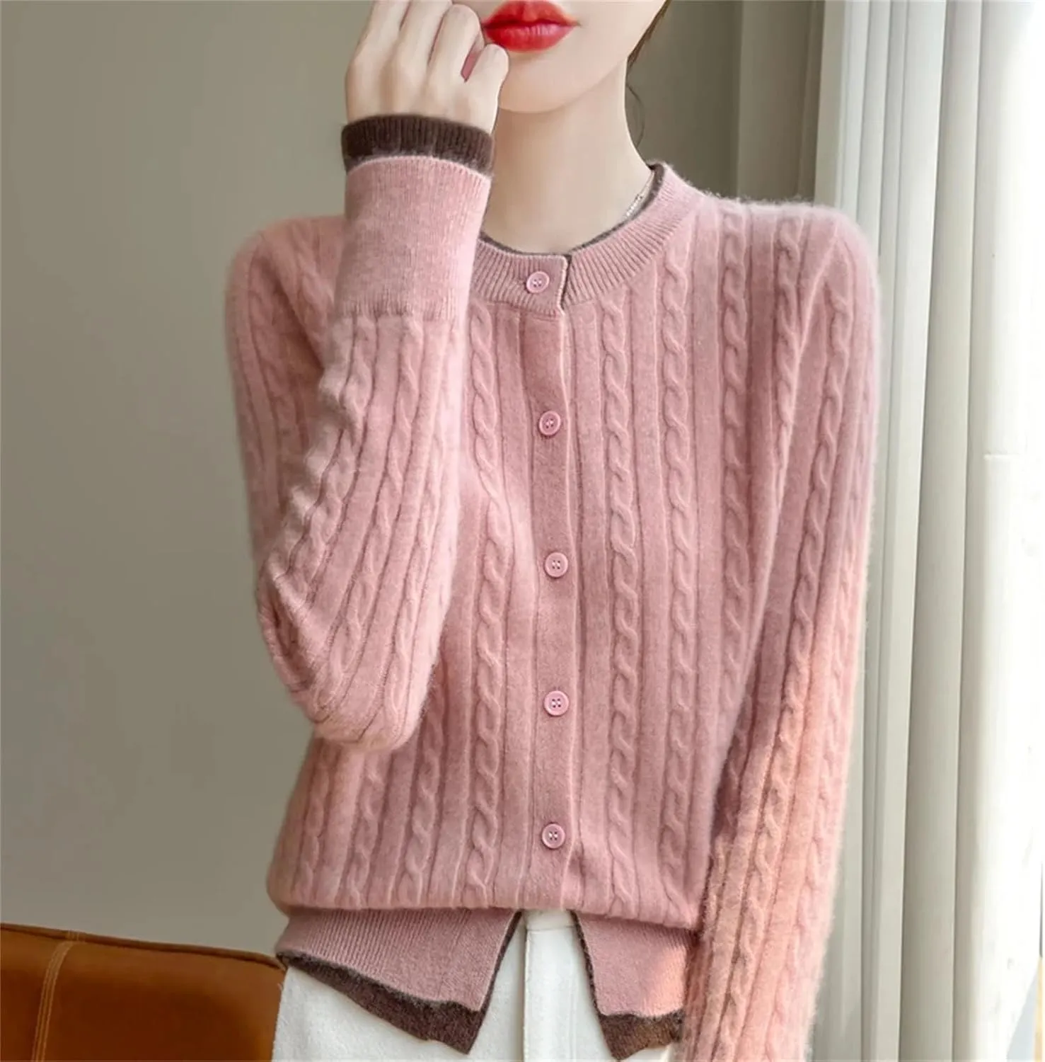 Women Cable Knit Wool Cardigan Sweaters Basic-Fit Long-Sleeve Crew-Neck Button Down Jumpers