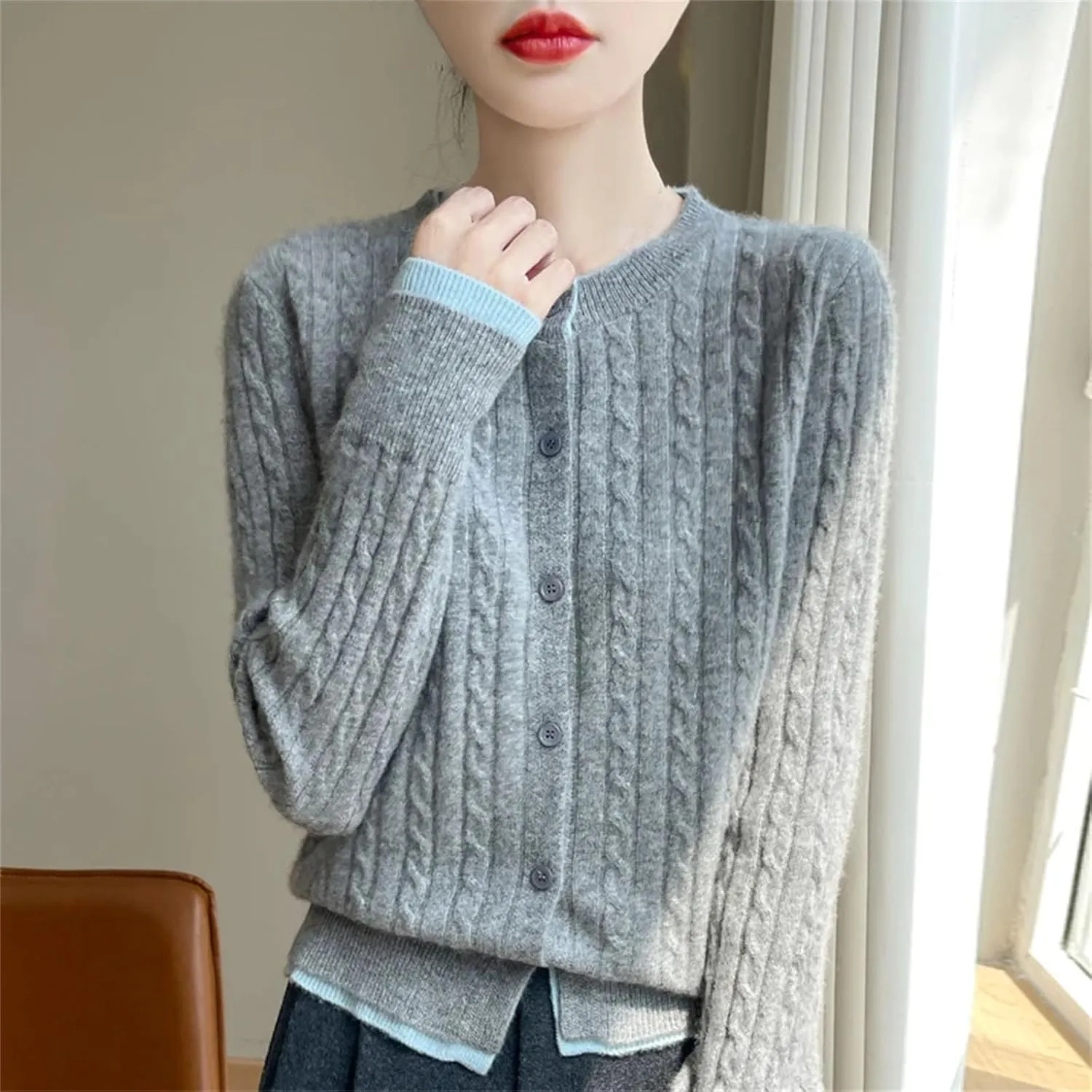 Women Cable Knit Wool Cardigan Sweaters Basic-Fit Long-Sleeve Crew-Neck Button Down Jumpers