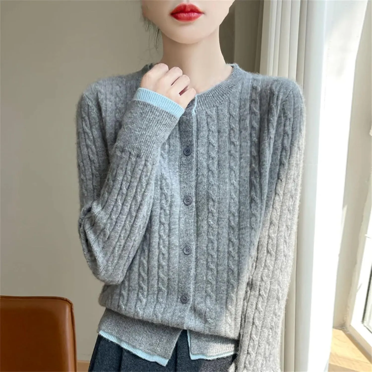Women Cable Knit Wool Cardigan Sweaters Basic-Fit Long-Sleeve Crew-Neck Button Down Jumpers