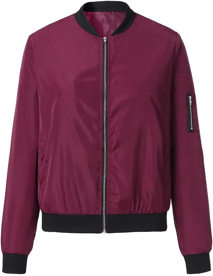 Women Casual Coat Jacket Classic Bomber Jacket Zip Up Lightweight Jacket Coat Windbreaker Outwear with Pockets