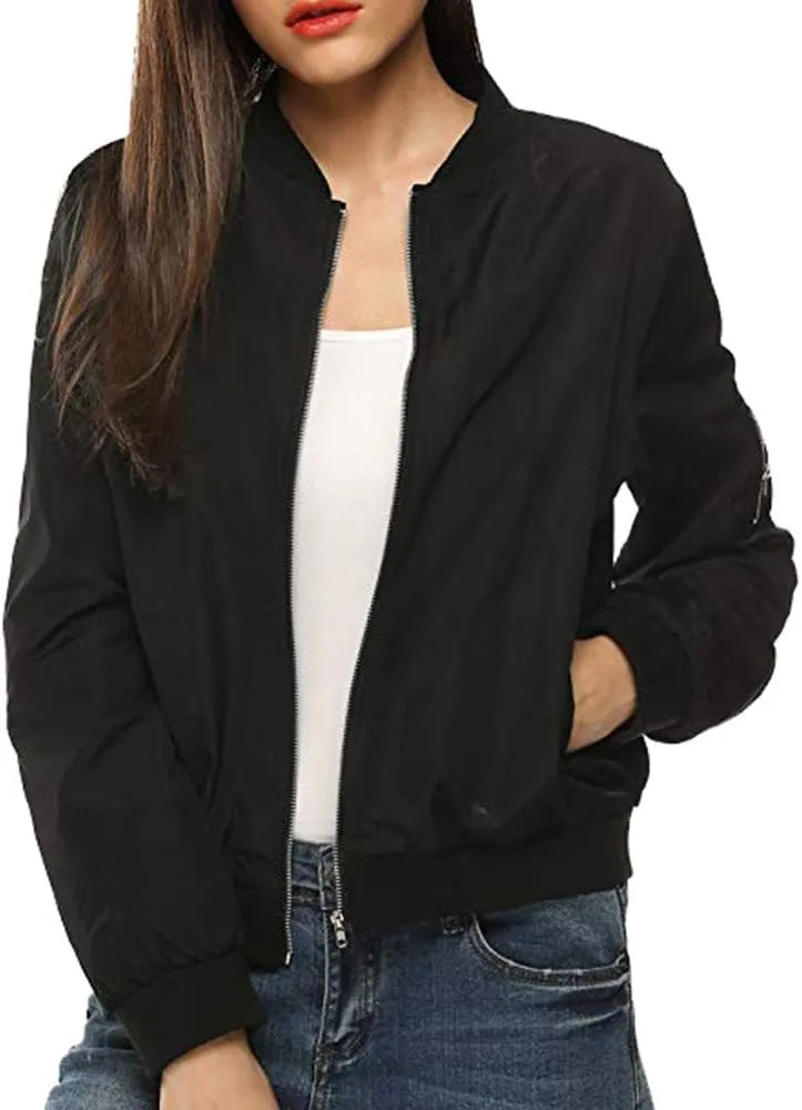 Women Casual Coat Jacket Classic Bomber Jacket Zip Up Lightweight Jacket Coat Windbreaker Outwear with Pockets