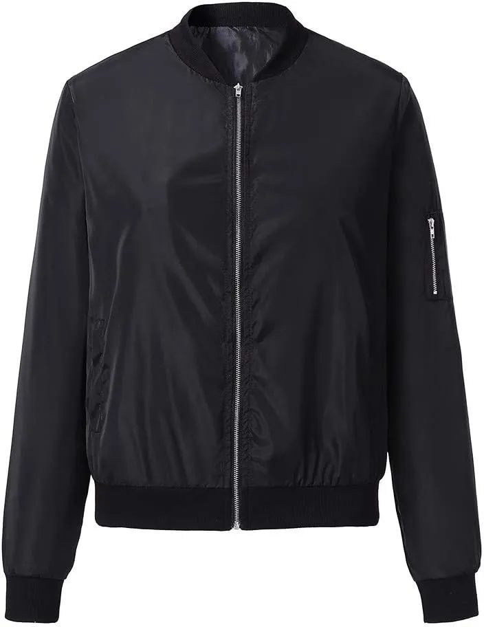 Women Casual Coat Jacket Classic Bomber Jacket Zip Up Lightweight Jacket Coat Windbreaker Outwear with Pockets